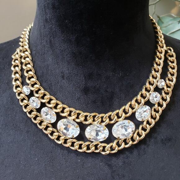 Womens Gold Tone Double Chain Embossed Oval Crystal Faceted Statement Necklace - Picture 1 of 6